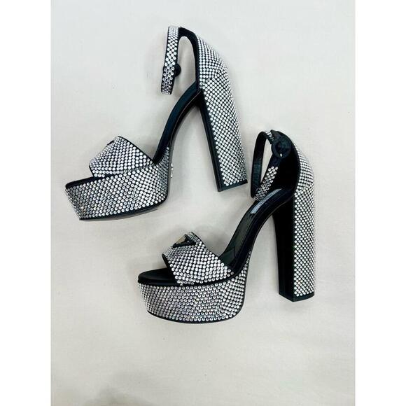 Prada Black Platform Rhinestone Block Heel Open Toe Ankle Strap Heels EU 37 FLAW - Picture 2 of 11